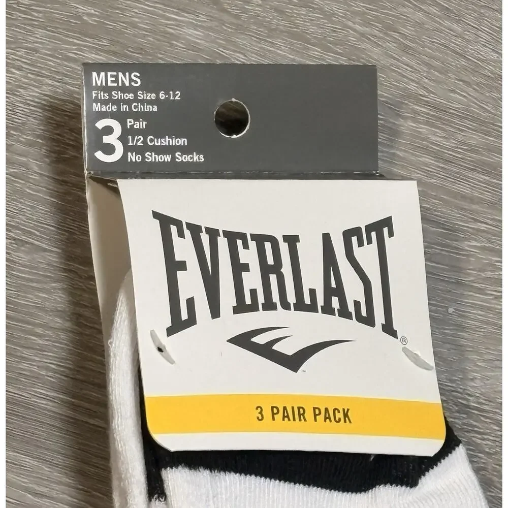 Everlast Men's No Show Socks Shoe Size 6-12 White 1/2‎ Cushion 3 Pairs NWT